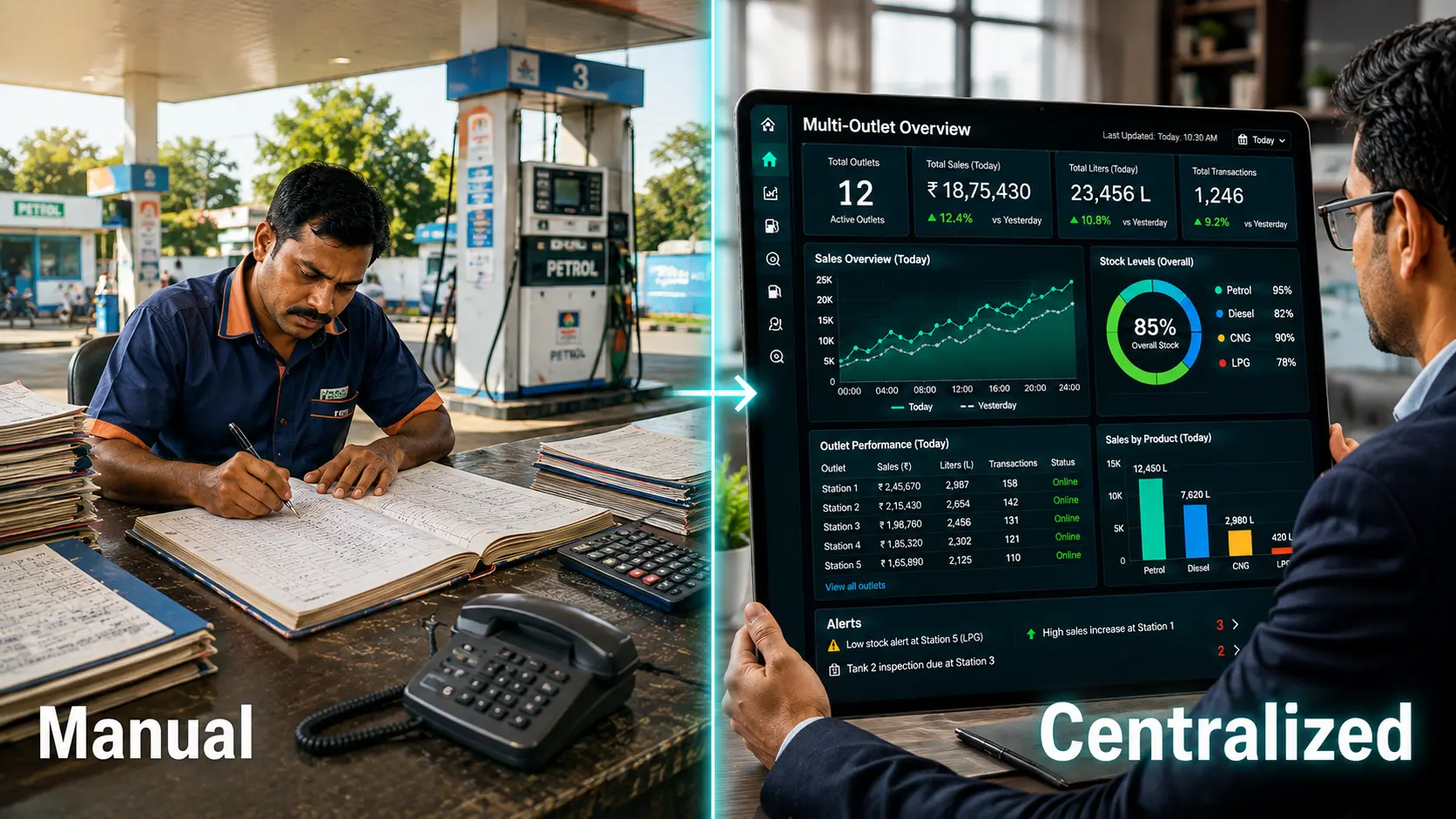 Manual petrol pump record-keeping compared with centralized multi-outlet petrol pump management software.